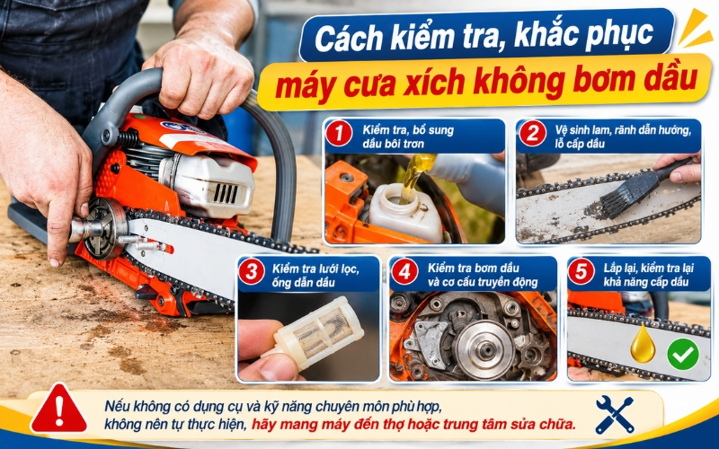 Cách kiểm tra, khắc phục máy cưa xích không bơm dầu